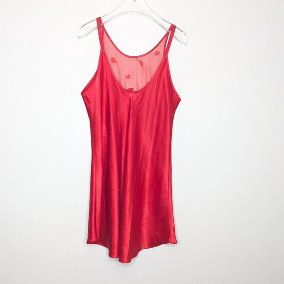 Vintage 90's Red Embroidered Heart Pattern Semi Sheer Slip Dress Nightie Bow M - Picture 2 of 10